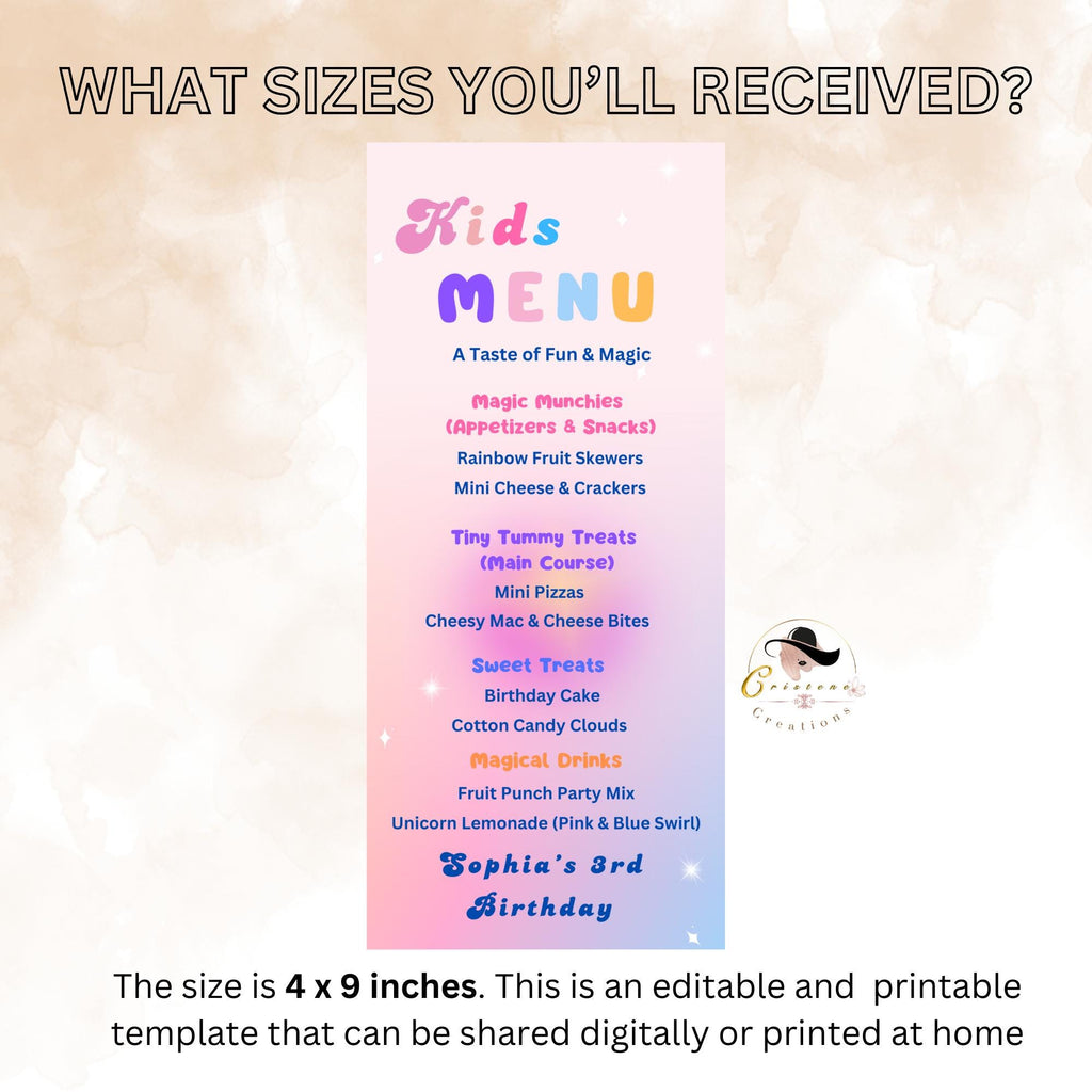 Editable Kids Birthday Menu, Baby shower Menu, Nursery Rainbow, Kids lunch communion Menu, Dinner Kids Party Menu Design, Printable Menu