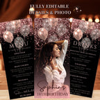 Birthday Dinner Menu and Drinks, Retirement Party Menu with photo, Elegant Anniversary Cocktail Menu, Pink Black Glittery Printable Template