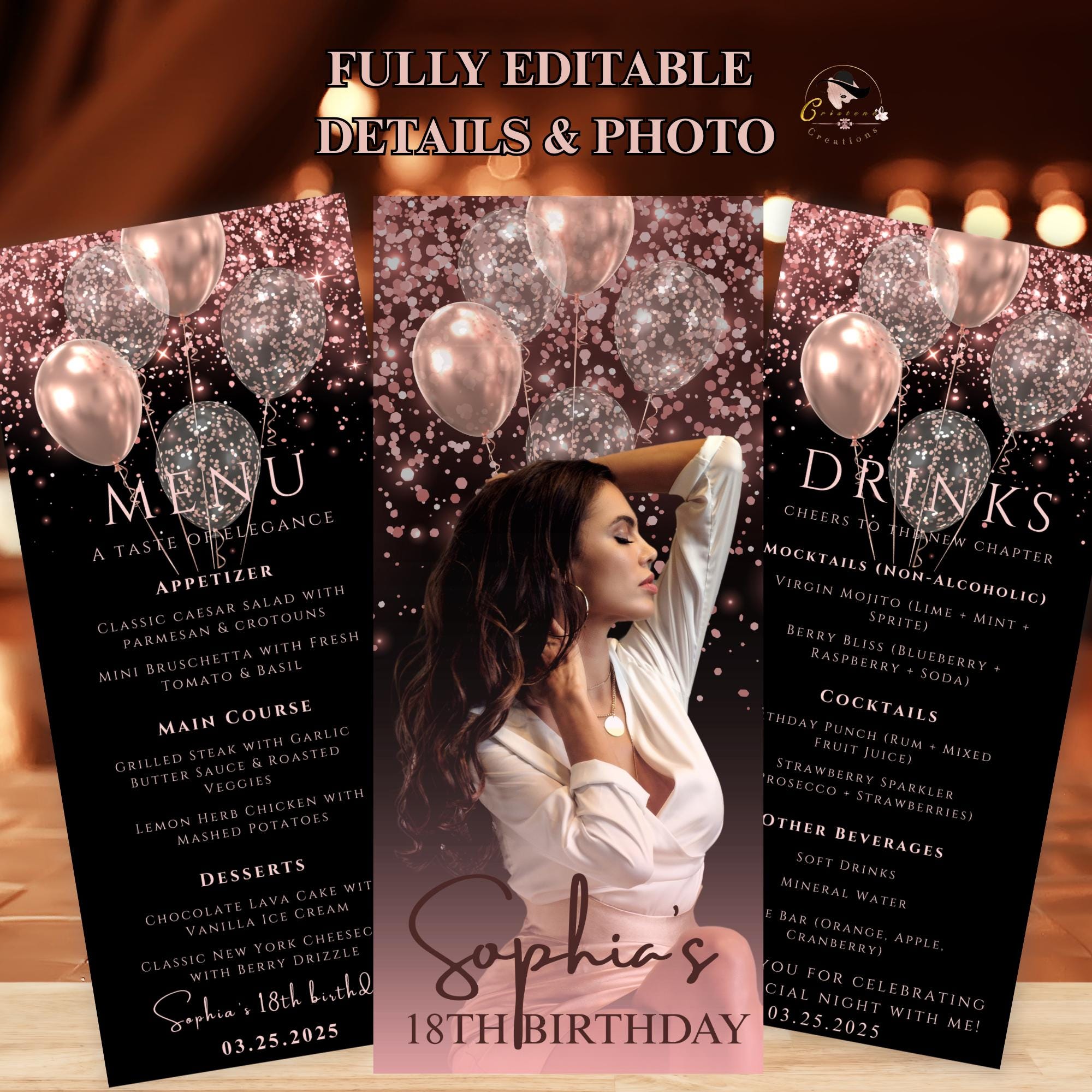 Birthday Dinner Menu and Drinks, Retirement Party Menu with photo, Elegant Anniversary Cocktail Menu, Pink Black Glittery Printable Template