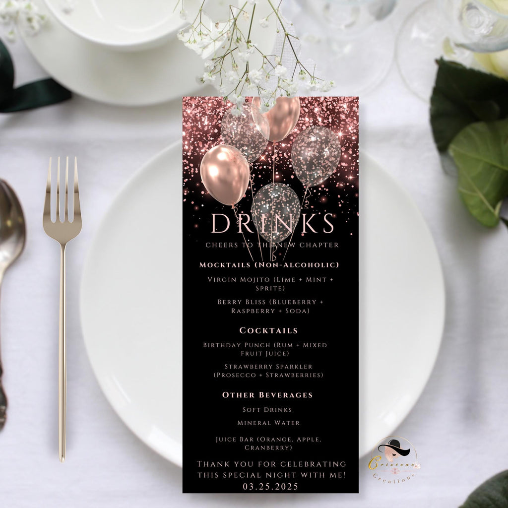 Birthday Dinner Menu and Drinks, Retirement Party Menu with photo, Elegant Anniversary Cocktail Menu, Pink Black Glittery Printable Template