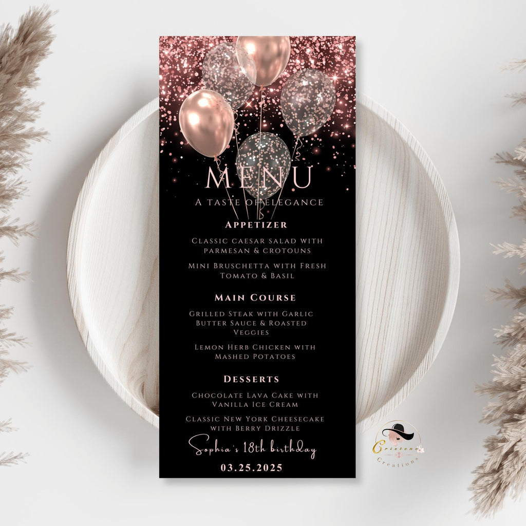 Birthday Dinner Menu and Drinks, Retirement Party Menu with photo, Elegant Anniversary Cocktail Menu, Pink Black Glittery Printable Template