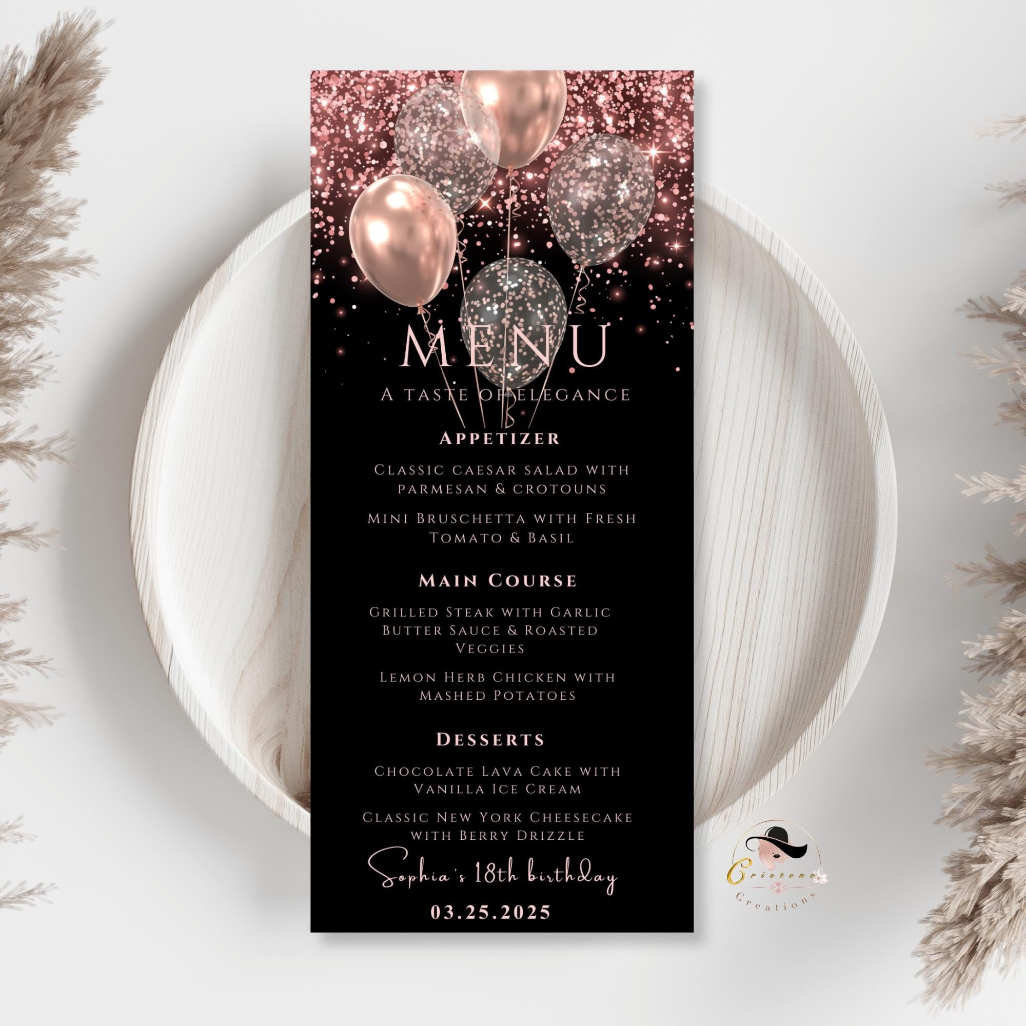 Birthday Dinner Menu and Drinks, Retirement Party Menu with photo, Elegant Anniversary Cocktail Menu, Pink Black Glittery Printable Template