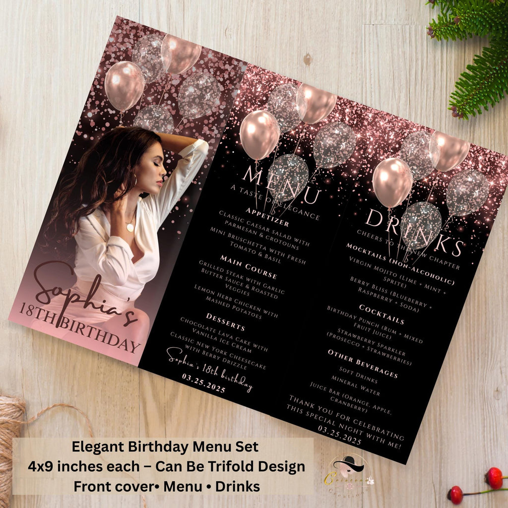 Birthday Dinner Menu and Drinks, Retirement Party Menu with photo, Elegant Anniversary Cocktail Menu, Pink Black Glittery Printable Template