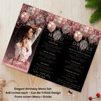 Birthday Dinner Menu and Drinks, Retirement Party Menu with photo, Elegant Anniversary Cocktail Menu, Pink Black Glittery Printable Template