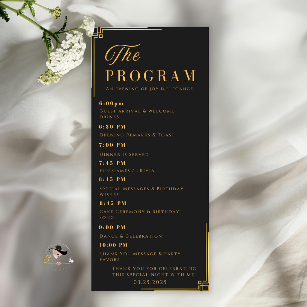 Birthday Party Program Template, Black Gold Event Program Schedule, Printable Lunch programme card, Digital Dinner Program, Instant Download