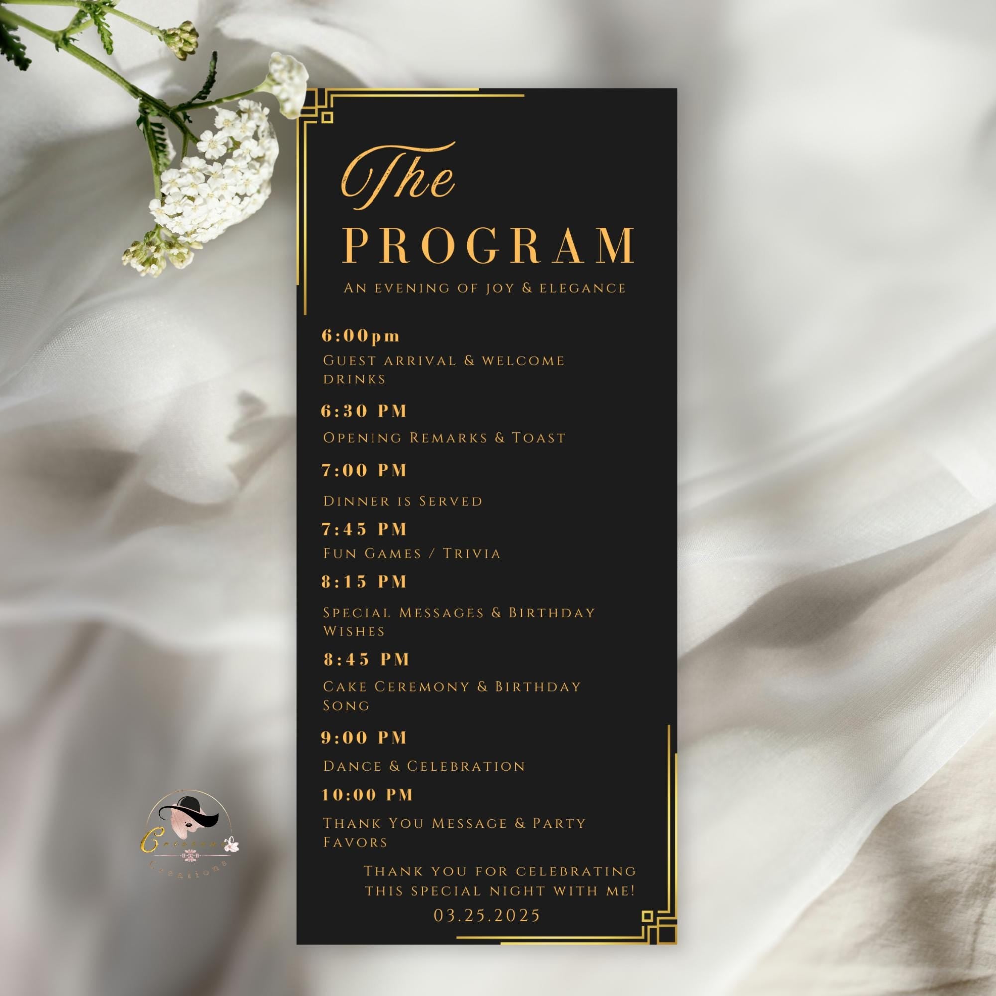 Birthday Party Program Template, Black Gold Event Program Schedule, Printable Lunch programme card, Digital Dinner Program, Instant Download