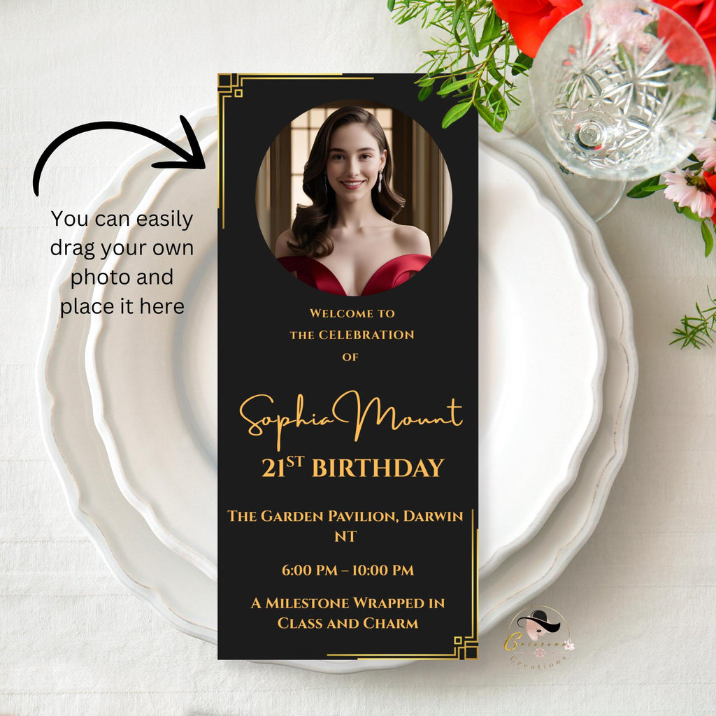 Birthday Party Program Template, Black Gold Event Program Schedule, Printable Lunch programme card, Digital Dinner Program, Instant Download