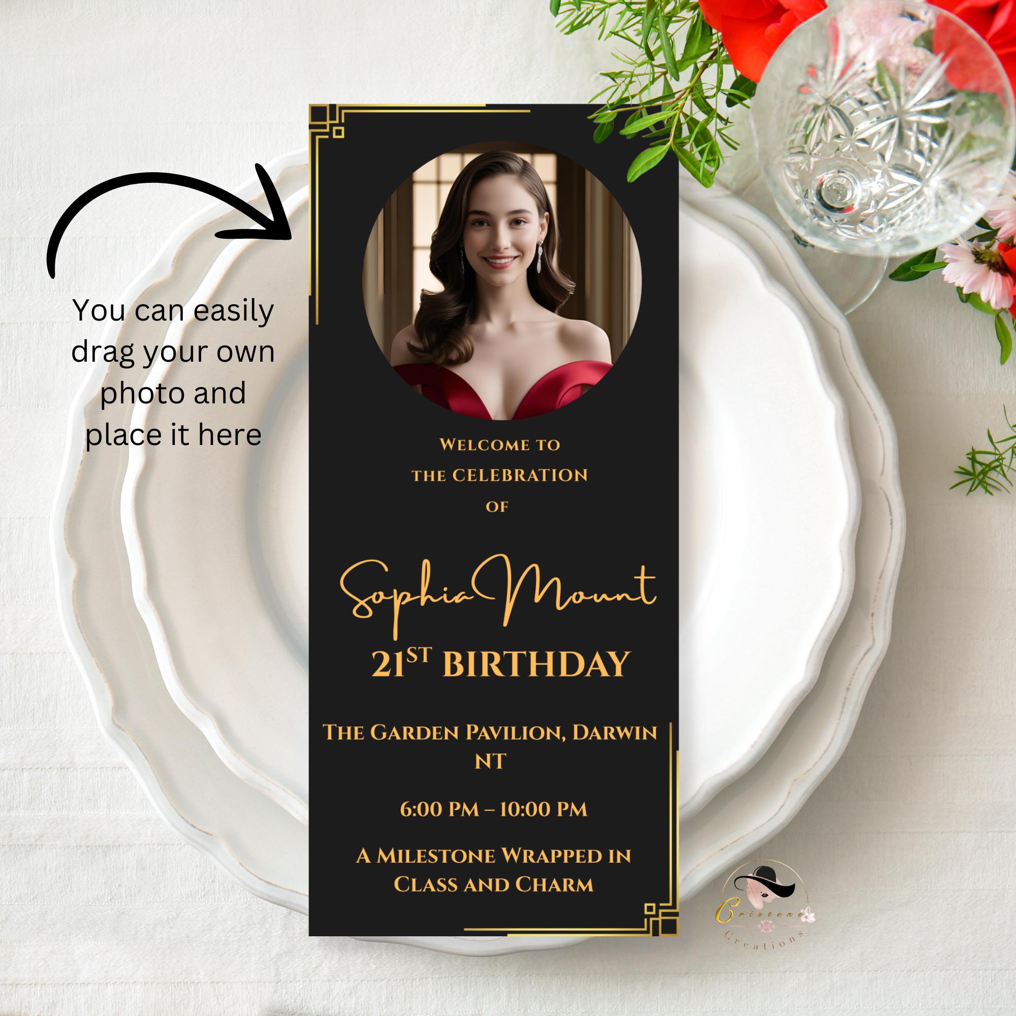 Birthday Party Program Template, Black Gold Event Program Schedule, Printable Lunch programme card, Digital Dinner Program, Instant Download