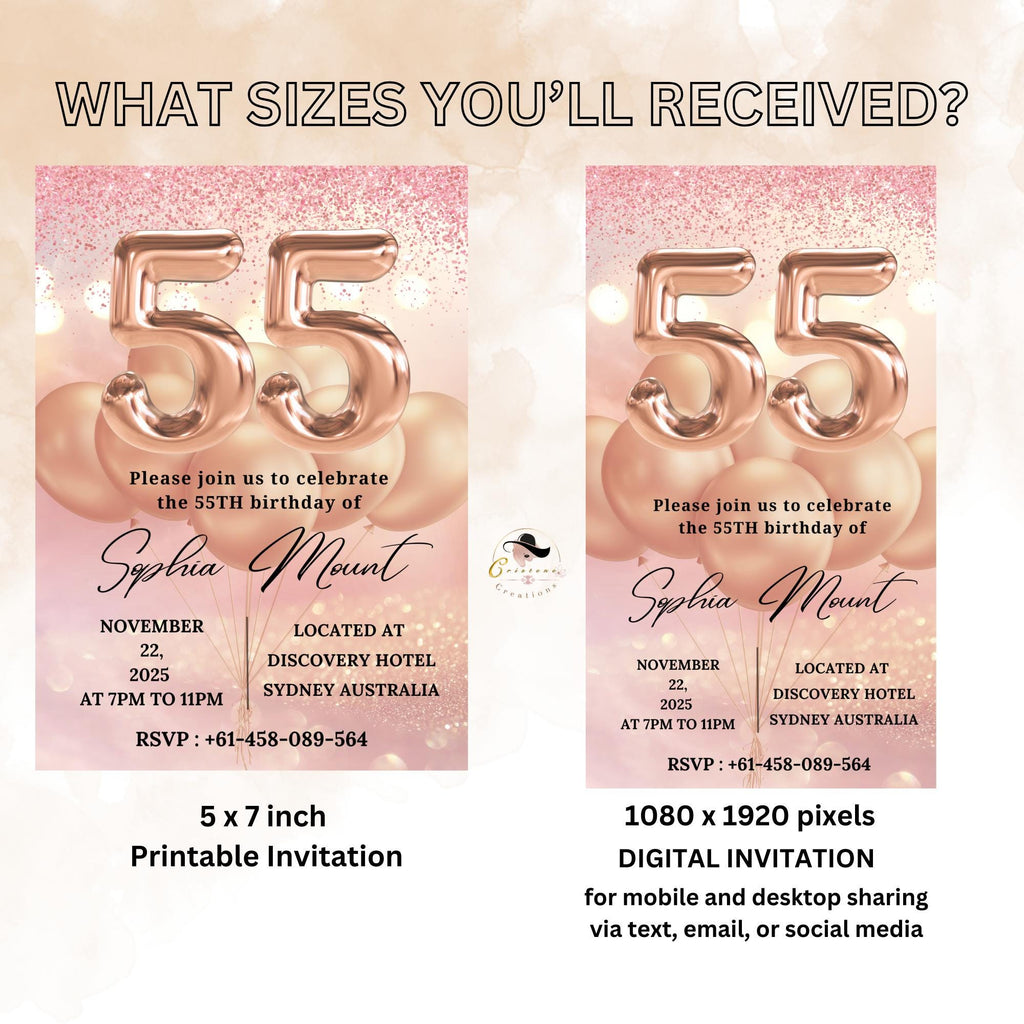 Digital 55th Birthday Invitation for women, Pink Rose Gold 55th Birthday Dinner Party Invite, Printable card, Cheers to 55 years old wife