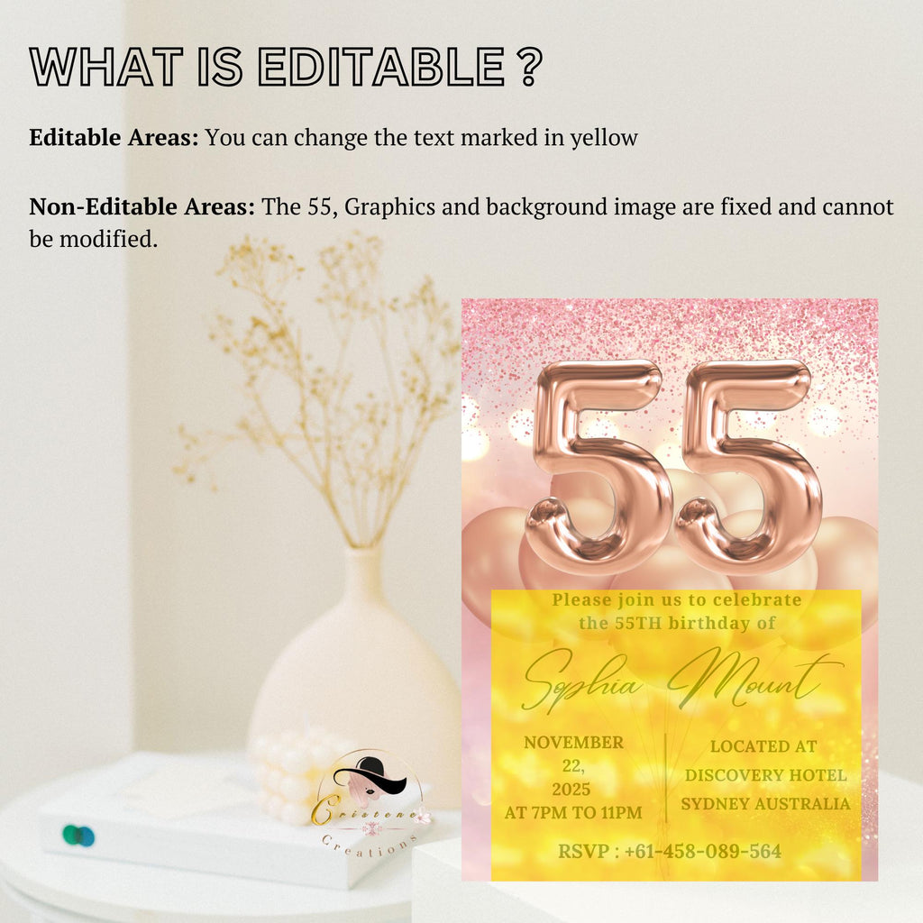 Digital 55th Birthday Invitation for women, Pink Rose Gold 55th Birthday Dinner Party Invite, Printable card, Cheers to 55 years old wife