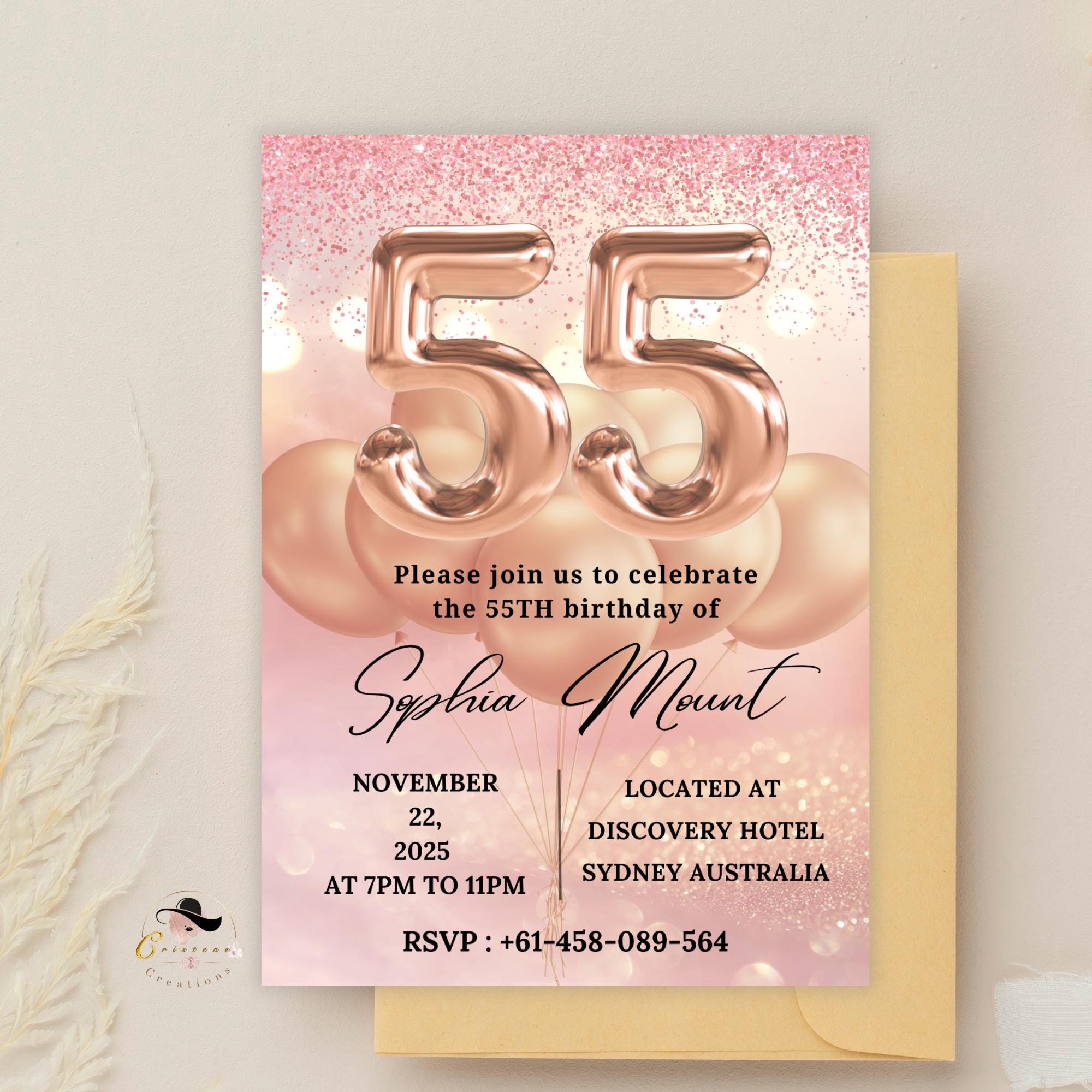 Digital 55th Birthday Invitation for women, Pink Rose Gold 55th Birthday Dinner Party Invite, Printable card, Cheers to 55 years old wife