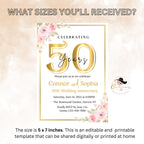 Golden 50th Wedding Anniversary Invitation Card Couple, Floral Anniversary Dinner Party Digital Invite, Printable 50 years of love template