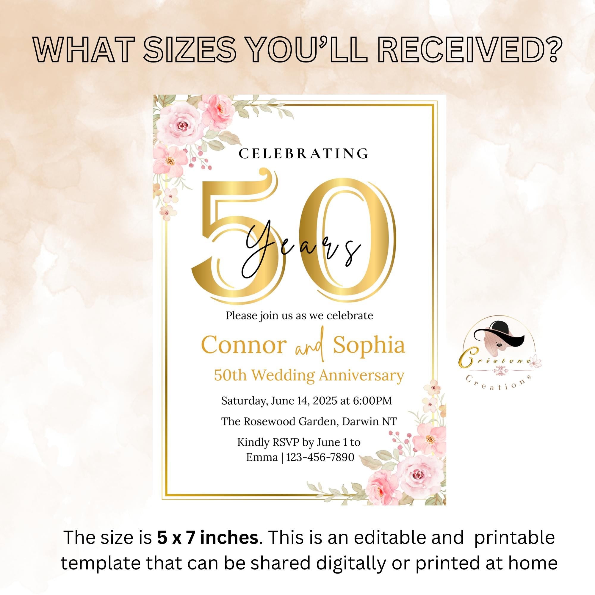 Golden 50th Wedding Anniversary Invitation Card Couple, Floral Anniversary Dinner Party Digital Invite, Printable 50 years of love template