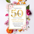 Golden 50th Wedding Anniversary Invitation Card Couple, Floral Anniversary Dinner Party Digital Invite, Printable 50 years of love template