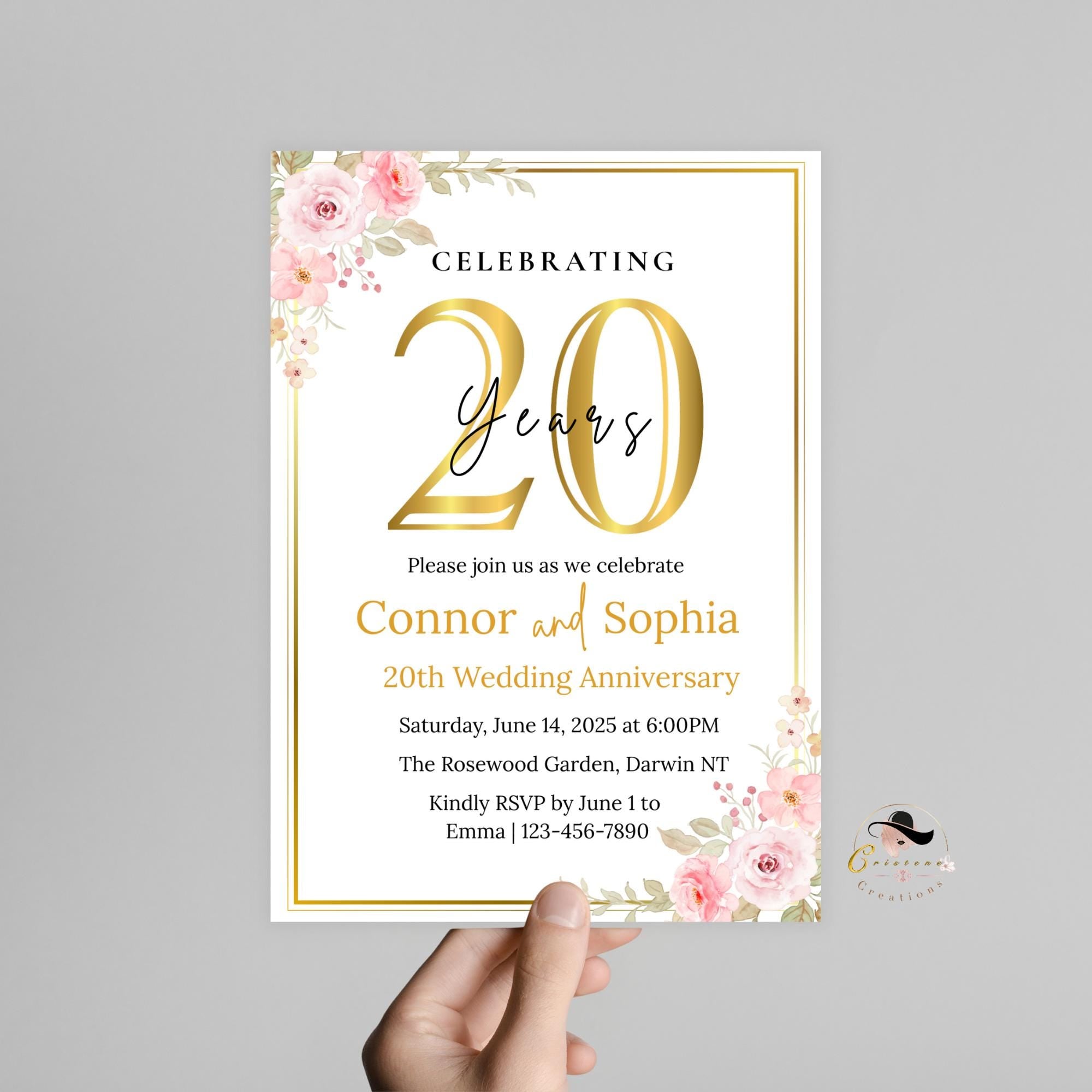 20th Anniversary Invitation, 20th Wedding Anniversary Party Invite, Digital Gold White Anniversary Card, Printable 20 years of us Template