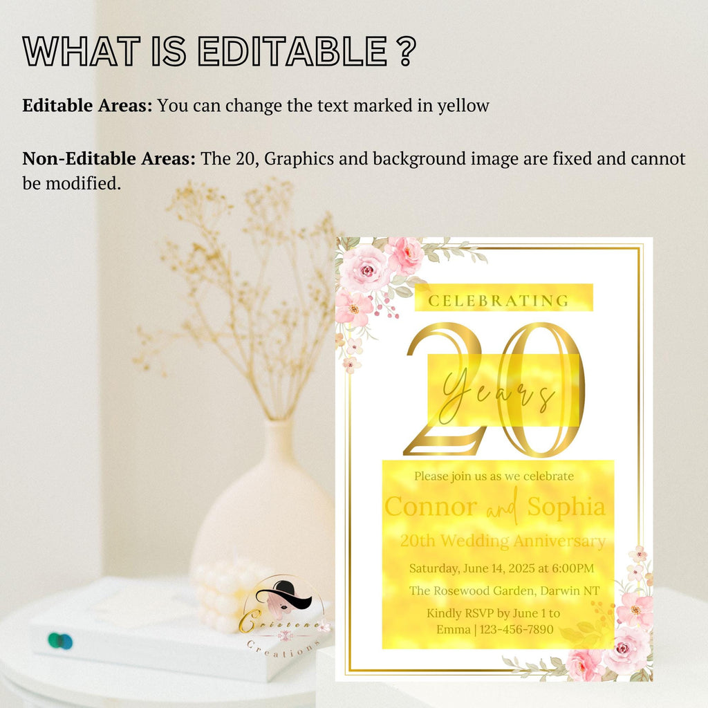 20th Anniversary Invitation, 20th Wedding Anniversary Party Invite, Digital Gold White Anniversary Card, Printable 20 years of us Template