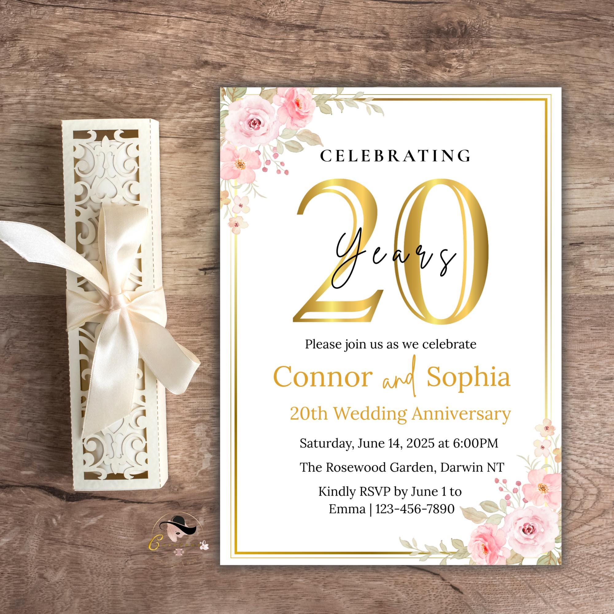 20th Anniversary Invitation, 20th Wedding Anniversary Party Invite, Digital Gold White Anniversary Card, Printable 20 years of us Template