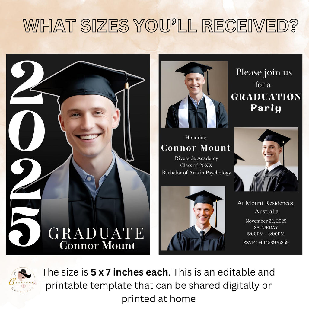 Men Graduation Announcement Invitation, Class of 2026 Senior Graduate Party with photo invite, Editable Male College Graduation Day Template