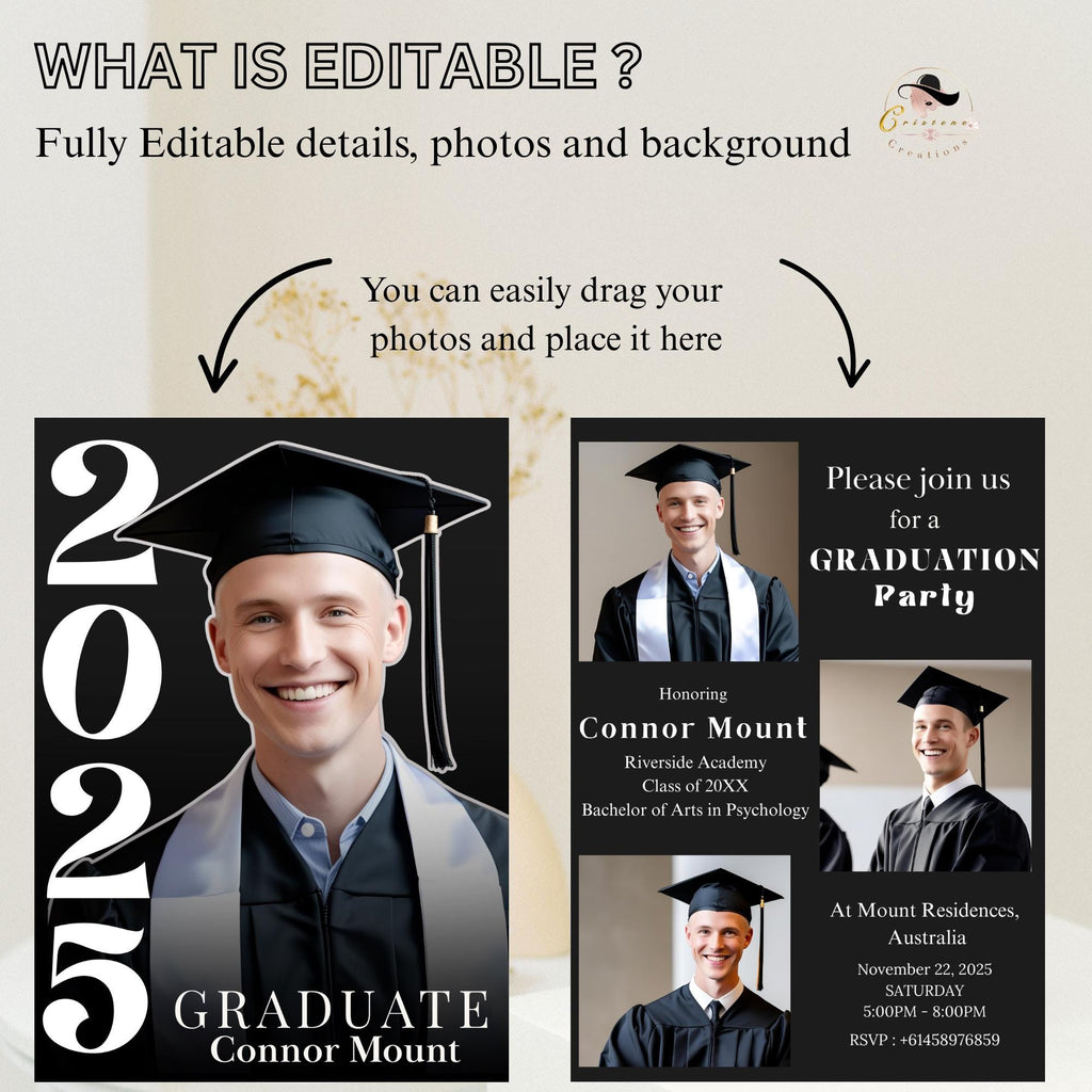 Men Graduation Announcement Invitation, Class of 2026 Senior Graduate Party with photo invite, Editable Male College Graduation Day Template