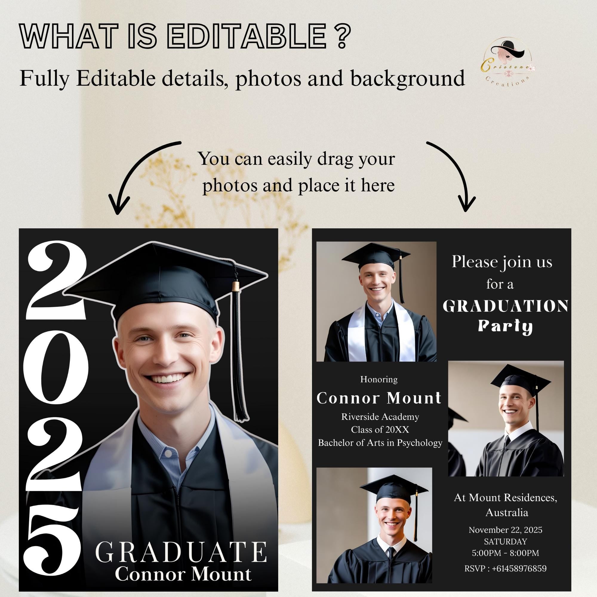 Men Graduation Announcement Invitation, Class of 2026 Senior Graduate Party with photo invite, Editable Male College Graduation Day Template