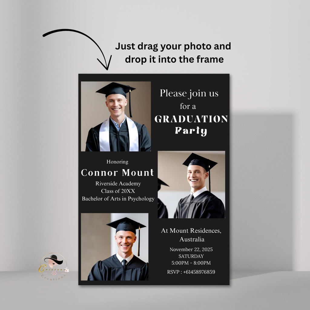 Men Graduation Announcement Invitation, Class of 2026 Senior Graduate Party with photo invite, Editable Male College Graduation Day Template