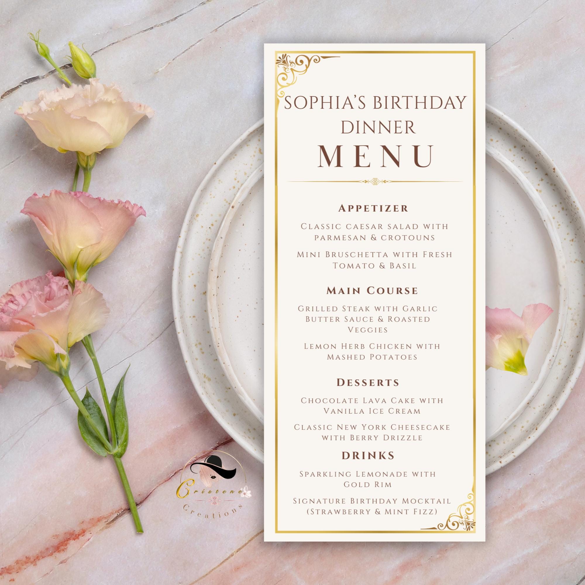 Birthday Dinner Menu Template, Printable Dinner Party Menu, White gold Menu Cards, Digital Menu with photos, Lunch Menu, Modern Wedding Menu