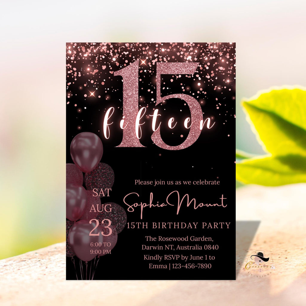 15th Birthday Invitation girl, Digital 15th Birthday Party Invite, Editable Sweet 15 Pink Black Template, Printable Card for 15 year old