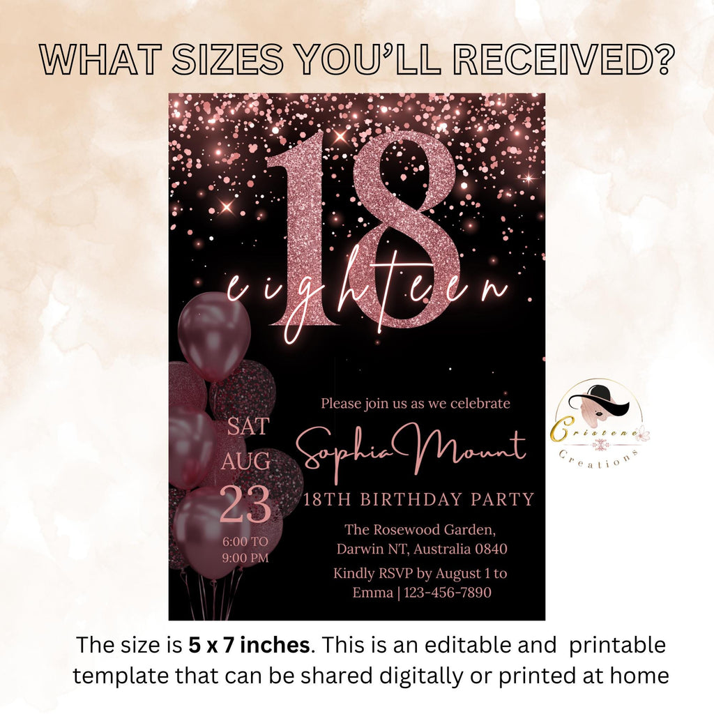 18th Birthday Invitations Digital, Pink 18th Debut Birthday Party, Black Printable Card for 18 years old girl, Eighteenth Birthday Invite