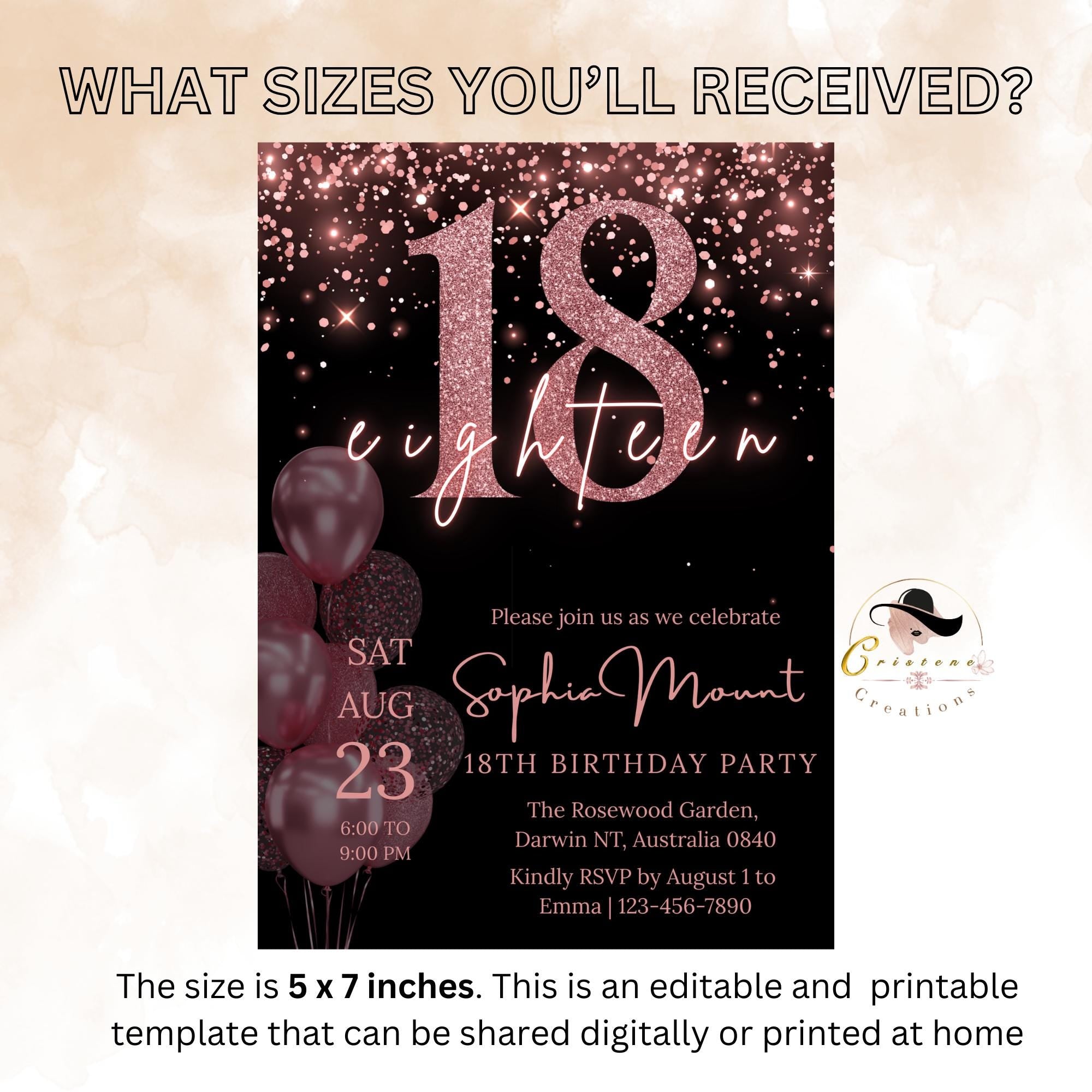 18th Birthday Invitations Digital, Pink 18th Debut Birthday Party, Black Printable Card for 18 years old girl, Eighteenth Birthday Invite