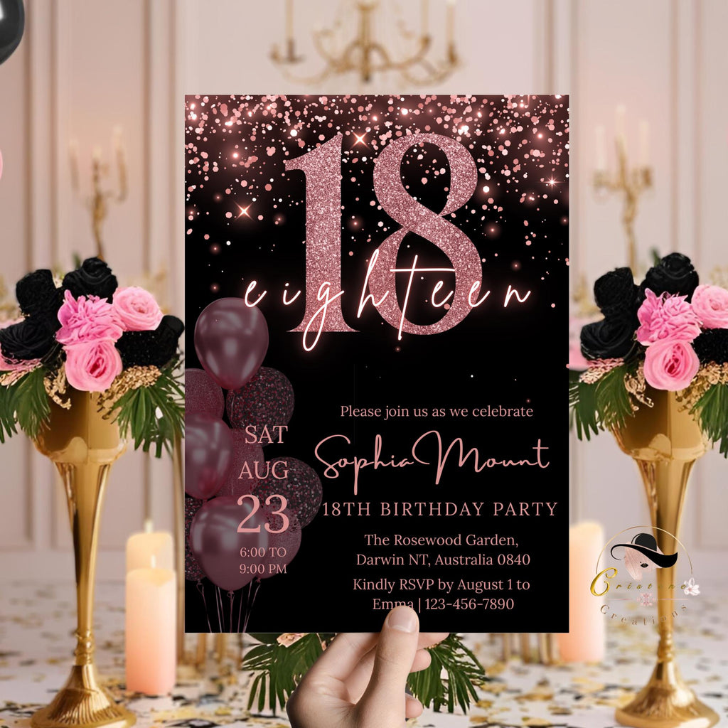 18th Birthday Invitations Digital, Pink 18th Debut Birthday Party, Black Printable Card for 18 years old girl, Eighteenth Birthday Invite