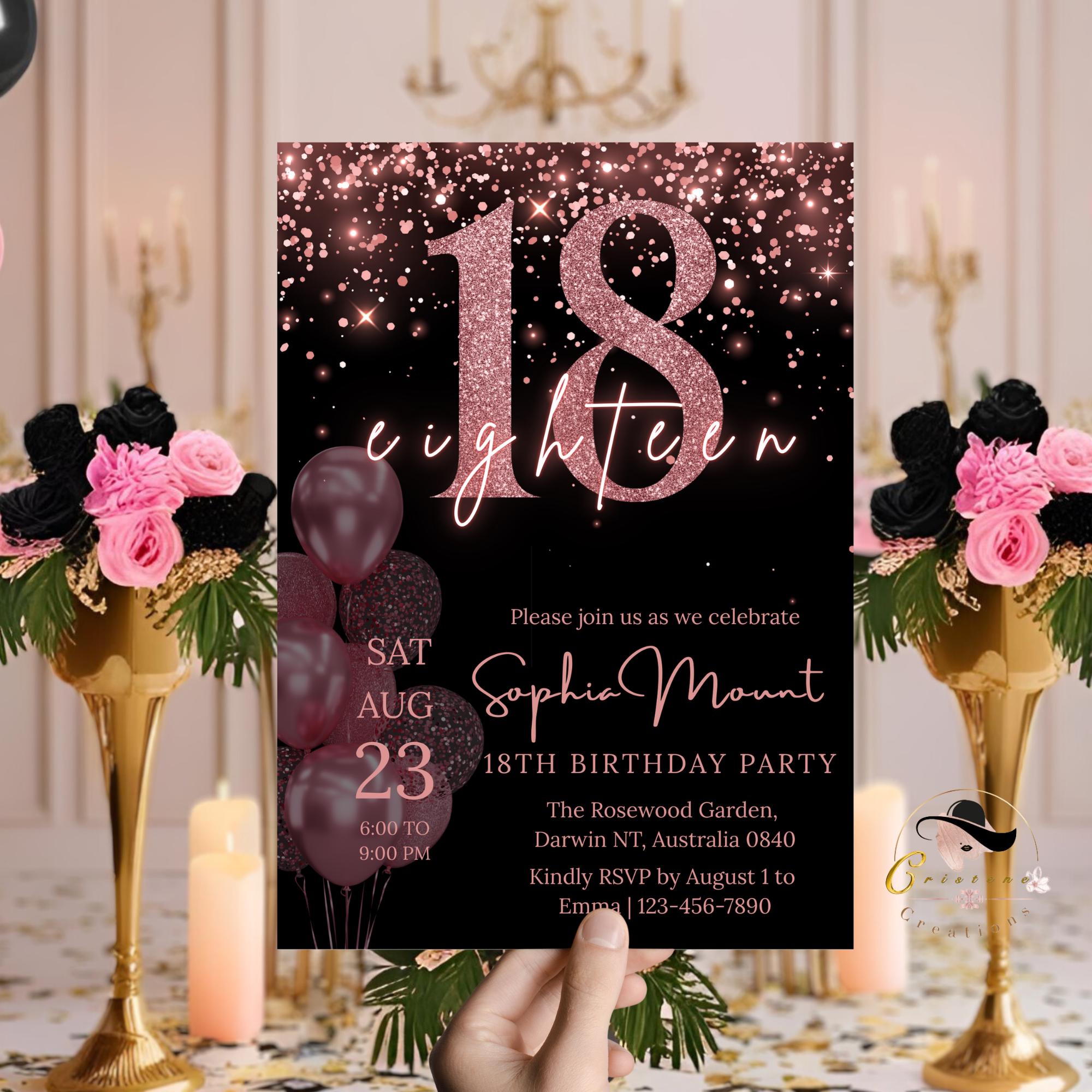 18th Birthday Invitations Digital, Pink 18th Debut Birthday Party, Black Printable Card for 18 years old girl, Eighteenth Birthday Invite