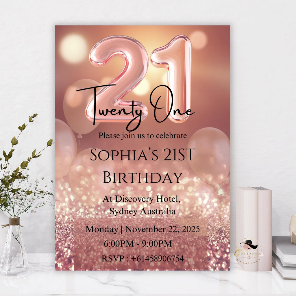 Rose Gold 21st Birthday Invitation girl, Pink Twenty One Birthday Party Template, Digital Printable Card Invite for her 21 Year Old Daughter