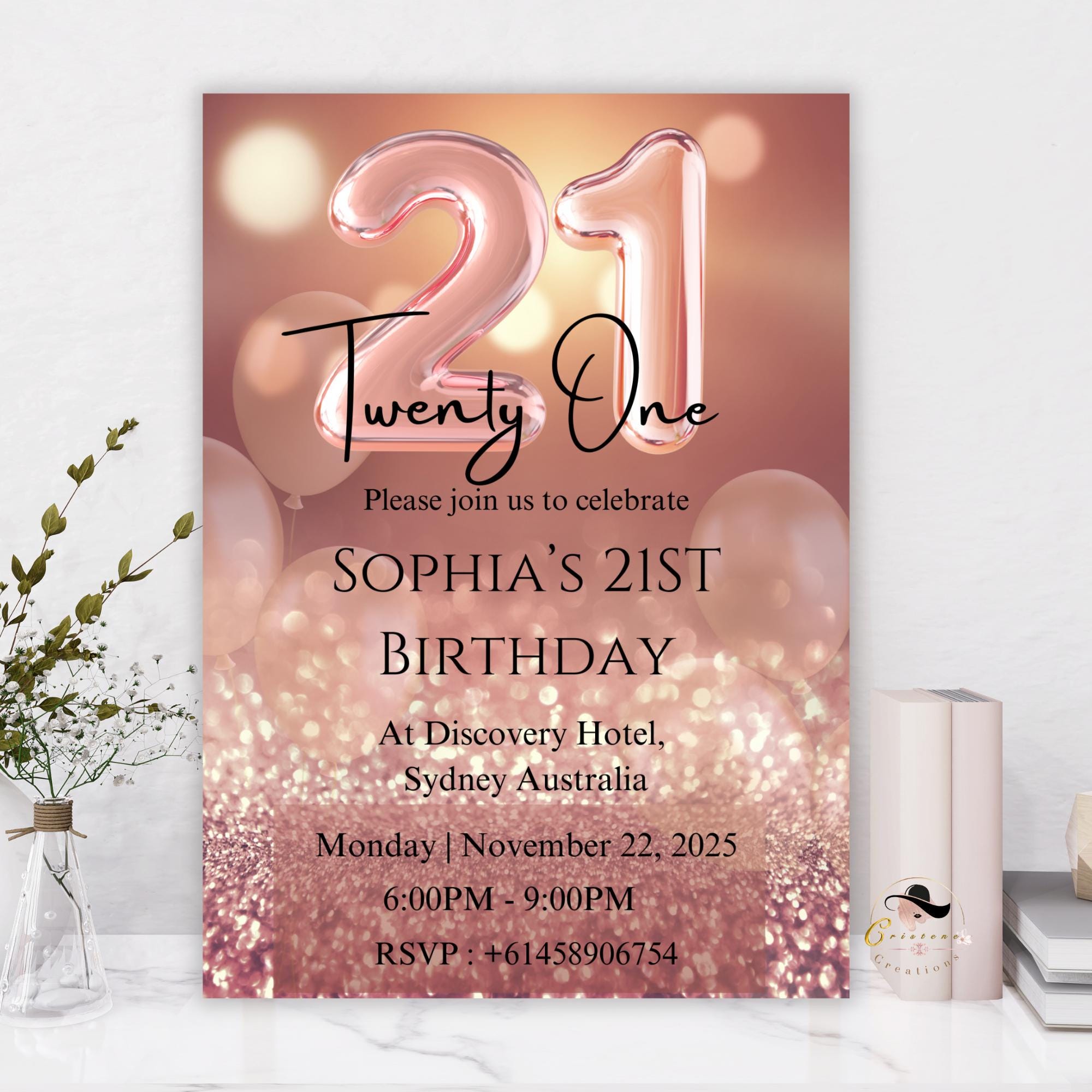 Rose Gold 21st Birthday Invitation girl, Pink Twenty One Birthday Party Template, Digital Printable Card Invite for her 21 Year Old Daughter
