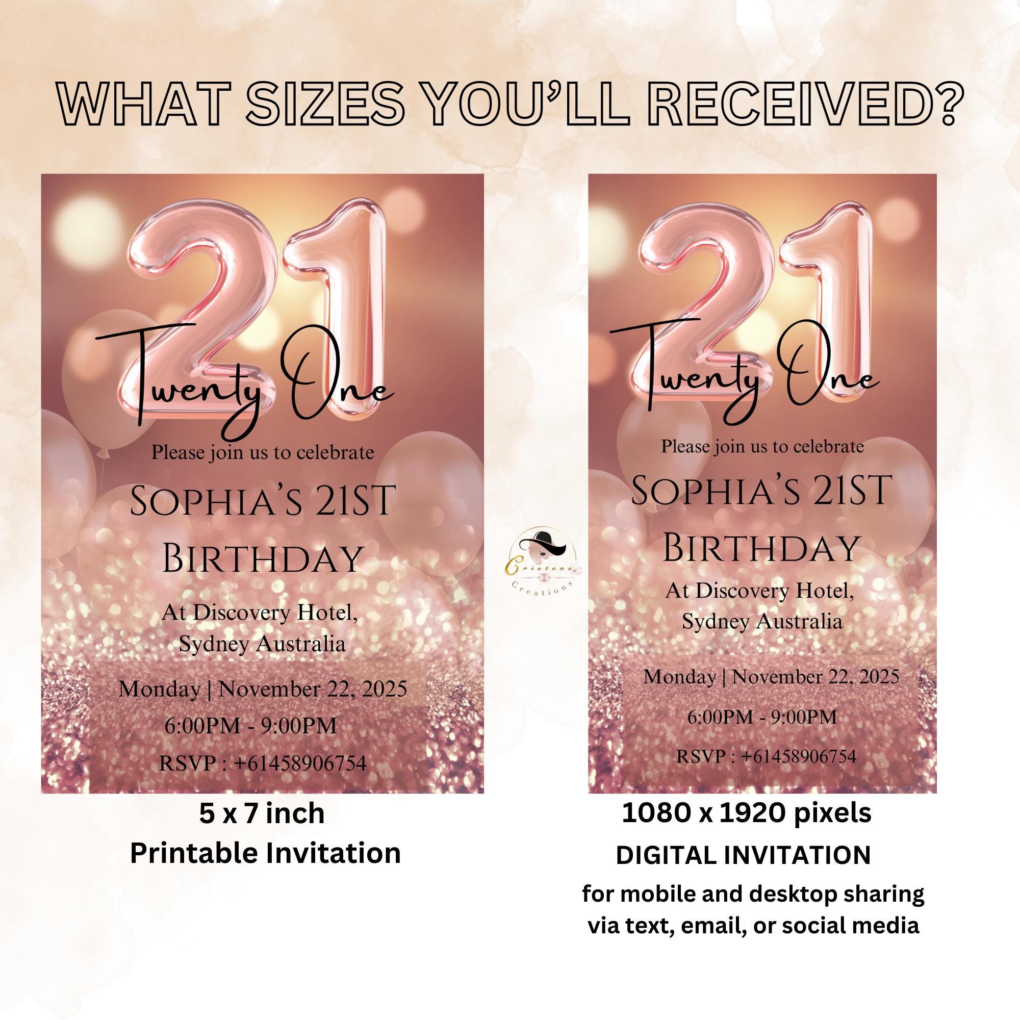 Rose Gold 21st Birthday Invitation girl, Pink Twenty One Birthday Party Template, Digital Printable Card Invite for her 21 Year Old Daughter