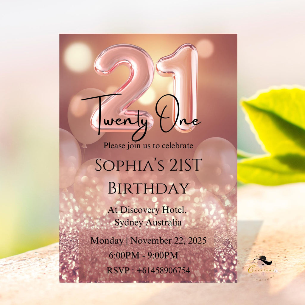 Rose Gold 21st Birthday Invitation girl, Pink Twenty One Birthday Party Template, Digital Printable Card Invite for her 21 Year Old Daughter