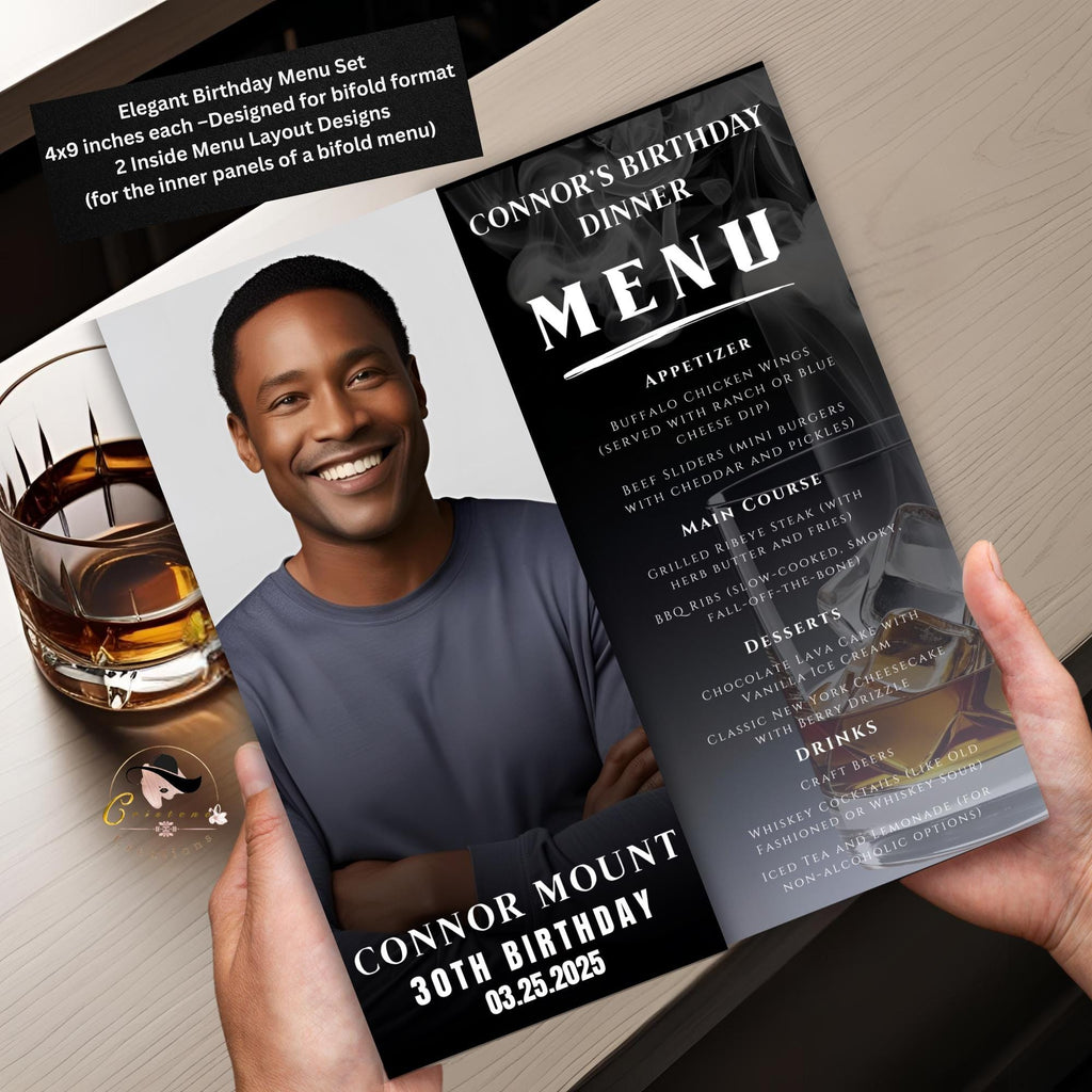 Birthday Menu Template for Men, Dinner Menu Party with photo, Printable Menu Card for male, Bachelor Party Food Menu Event, Boy Whiskey Menu
