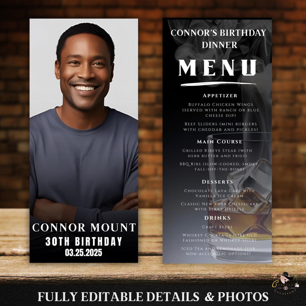 Birthday Menu Template for Men, Dinner Menu Party with photo, Printable Menu Card for male, Bachelor Party Food Menu Event, Boy Whiskey Menu