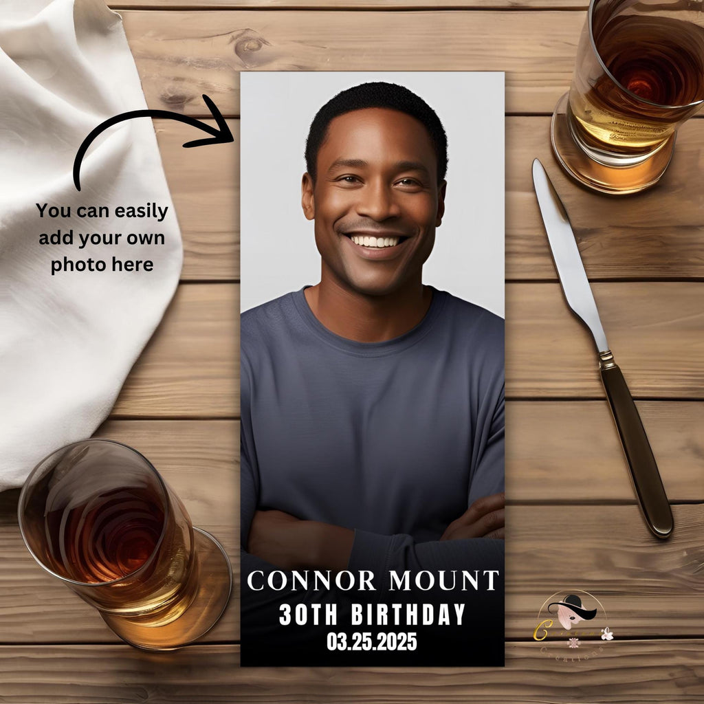 Birthday Menu Template for Men, Dinner Menu Party with photo, Printable Menu Card for male, Bachelor Party Food Menu Event, Boy Whiskey Menu
