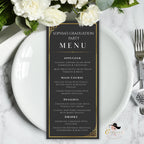 Graduation Menu and Program Template, Black Gold Menu Cards, Birthday Event Program, Dinner Party Menu, Digital Printable Bifold Food Menu