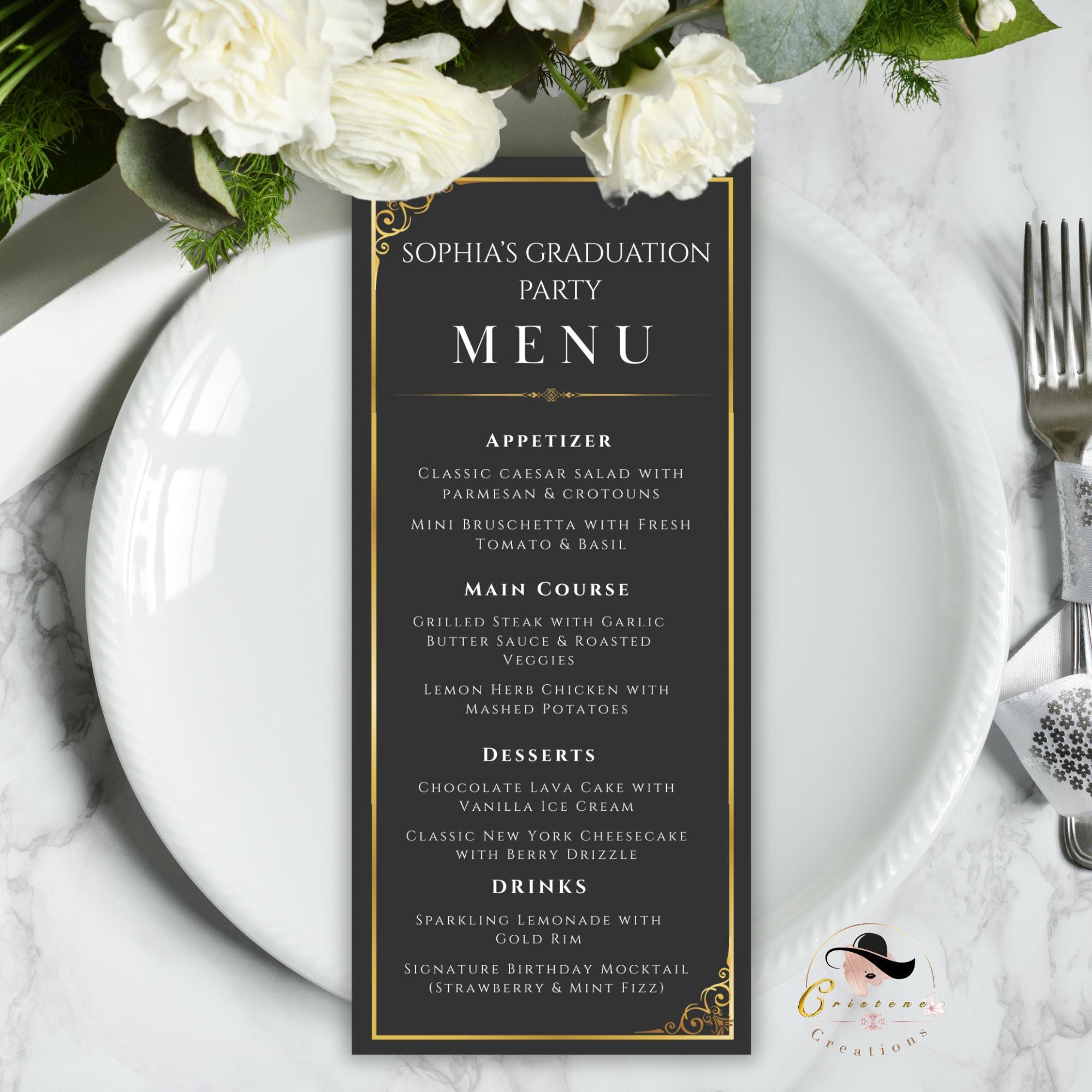 Graduation Menu and Program Template, Black Gold Menu Cards, Birthday Event Program, Dinner Party Menu, Digital Printable Bifold Food Menu