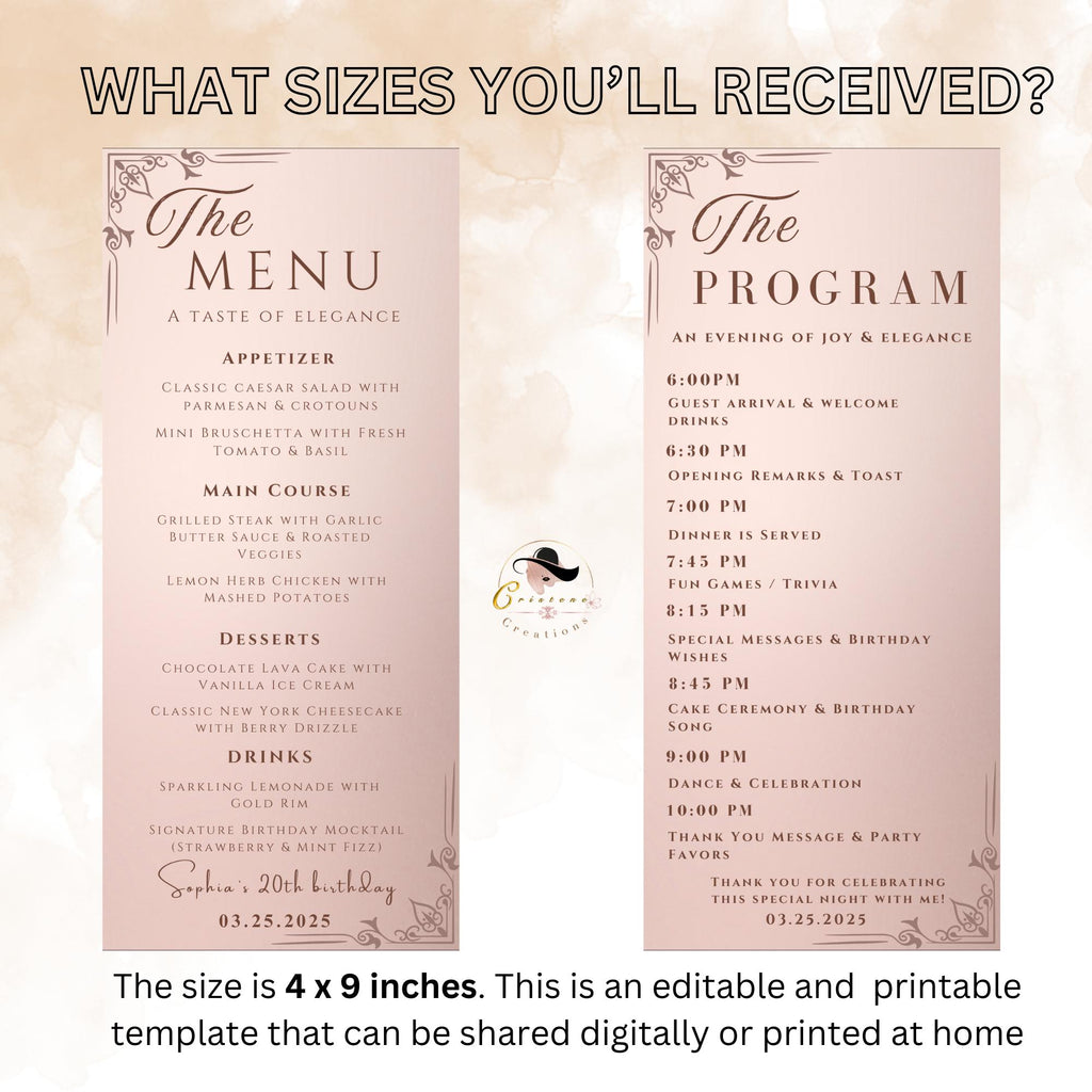 Rose Gold Menu Card and Program Template, Birthday Menu Pink, Wedding Menu Printable Dinner Food Menu Lunch, Editable Baby Shower Program