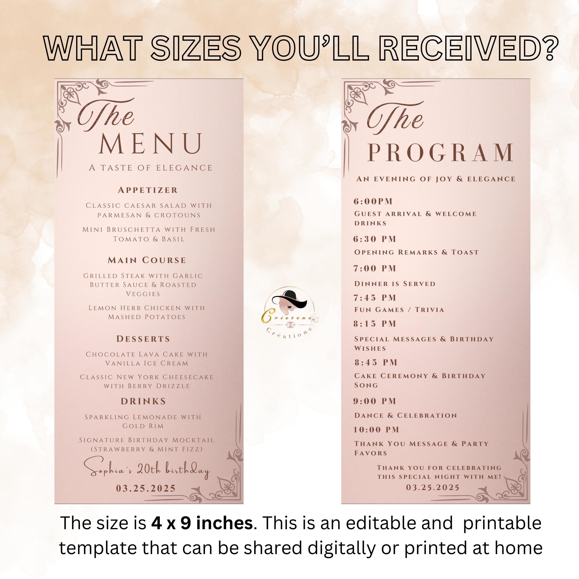 Rose Gold Menu Card and Program Template, Birthday Menu Pink, Wedding Menu Printable Dinner Food Menu Lunch, Editable Baby Shower Program