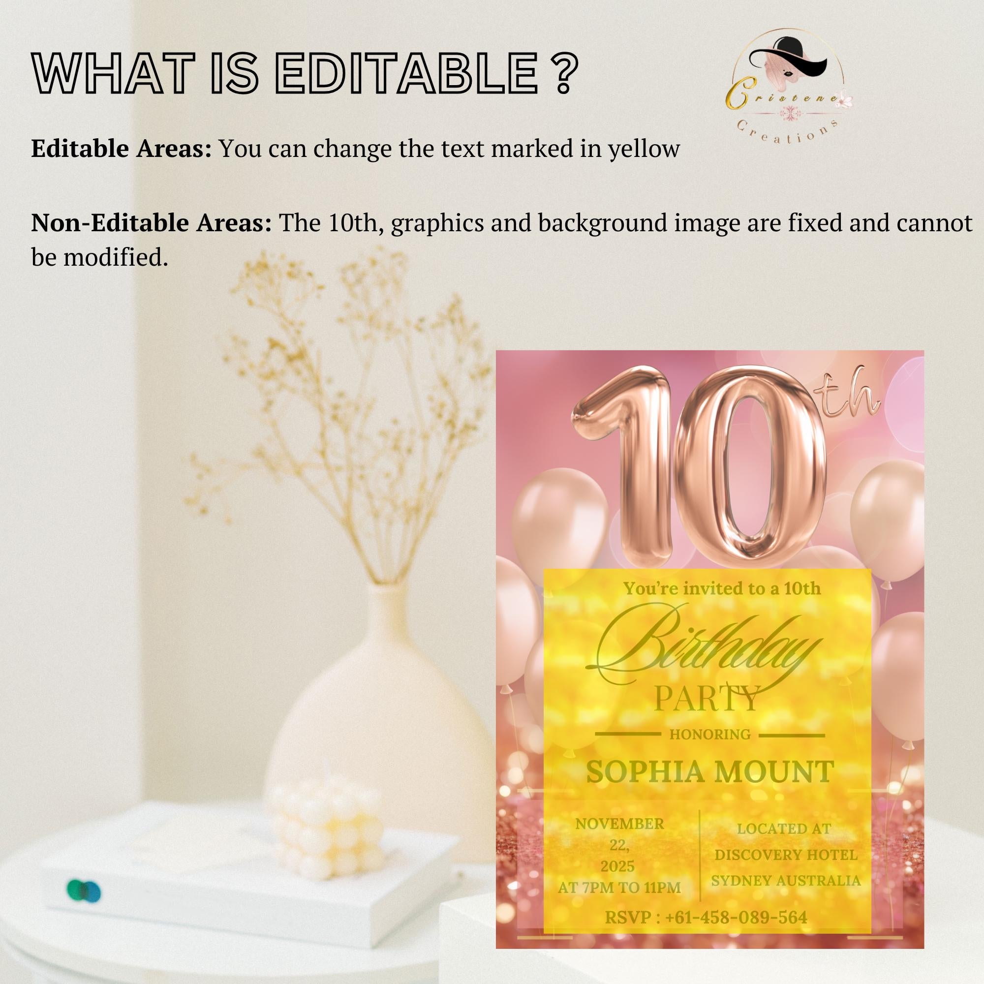 Rose Gold 10th Birthday Party Invitations, 10th Birthday Pink Digital Invite, Printable Tenth Birthday Card for 10 year old Girl Daughter