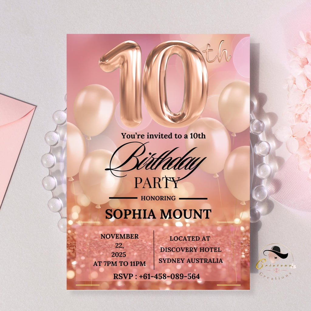 Rose Gold 10th Birthday Party Invitations, 10th Birthday Pink Digital Invite, Printable Tenth Birthday Card for 10 year old Girl Daughter