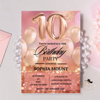 Rose Gold 10th Birthday Party Invitations, 10th Birthday Pink Digital Invite, Printable Tenth Birthday Card for 10 year old Girl Daughter