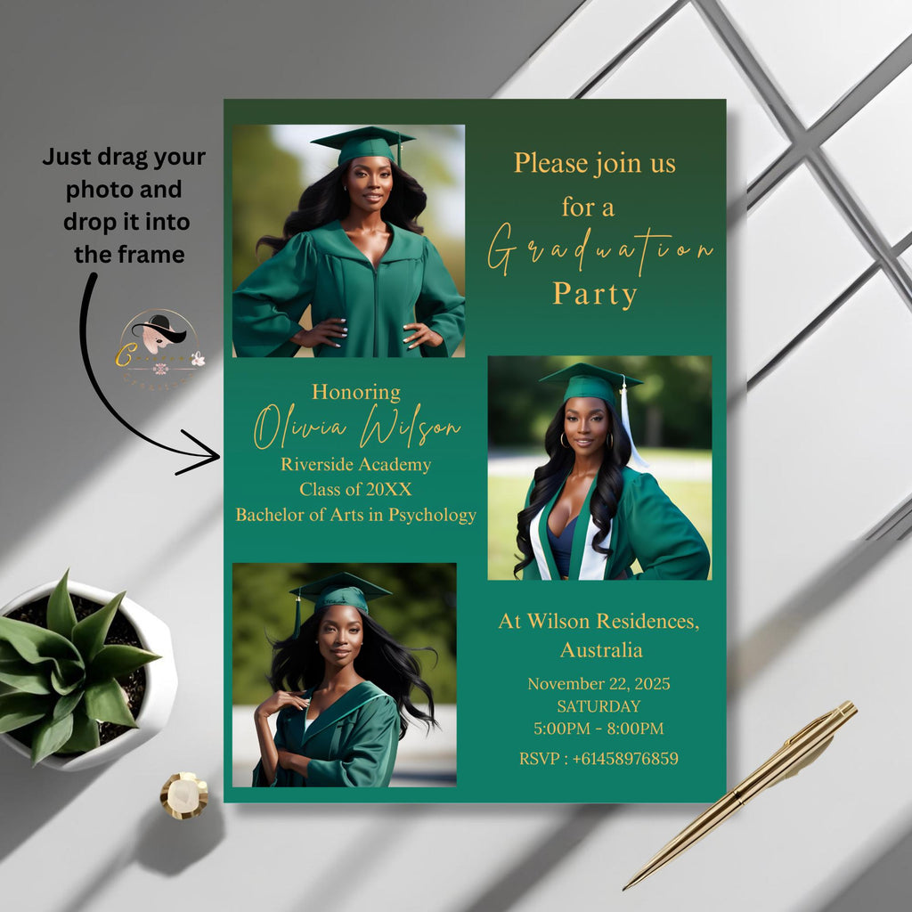 Digital Graduation Announcement Invitation Green Gold 2026 Senior Graduate Party with photo invite, Editable College Graduation Day Template