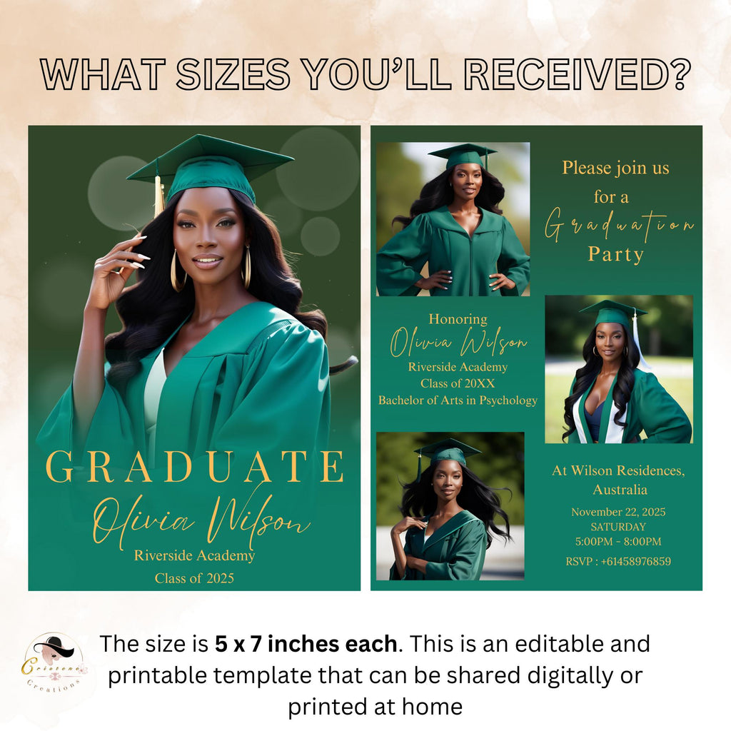 Digital Graduation Announcement Invitation Green Gold 2026 Senior Graduate Party with photo invite, Editable College Graduation Day Template
