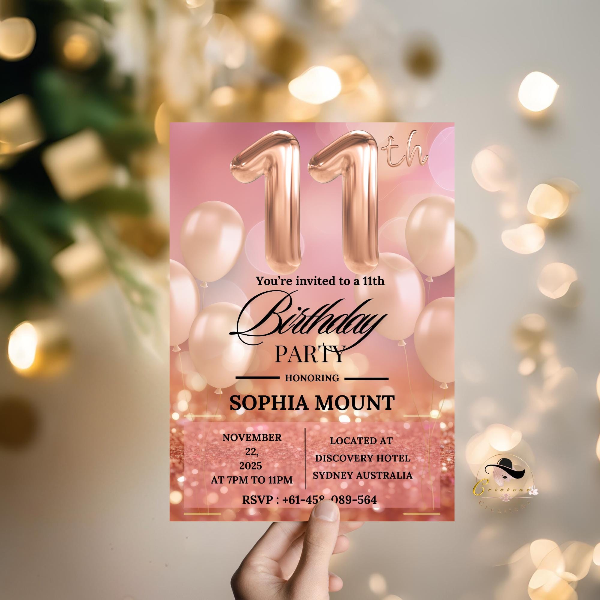 Digital 11th Birthday Invitation girl, Rose Gold 11th Birthday Dinner Party Invite, Pink Glitter Printable Card for Eleven year old daughter