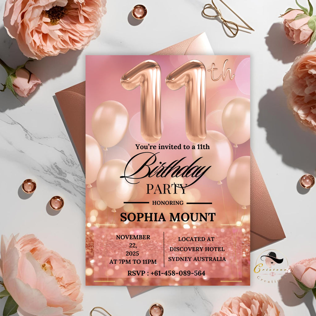 Digital 11th Birthday Invitation girl, Rose Gold 11th Birthday Dinner Party Invite, Pink Glitter Printable Card for Eleven year old daughter