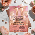 Digital 11th Birthday Invitation girl, Rose Gold 11th Birthday Dinner Party Invite, Pink Glitter Printable Card for Eleven year old daughter